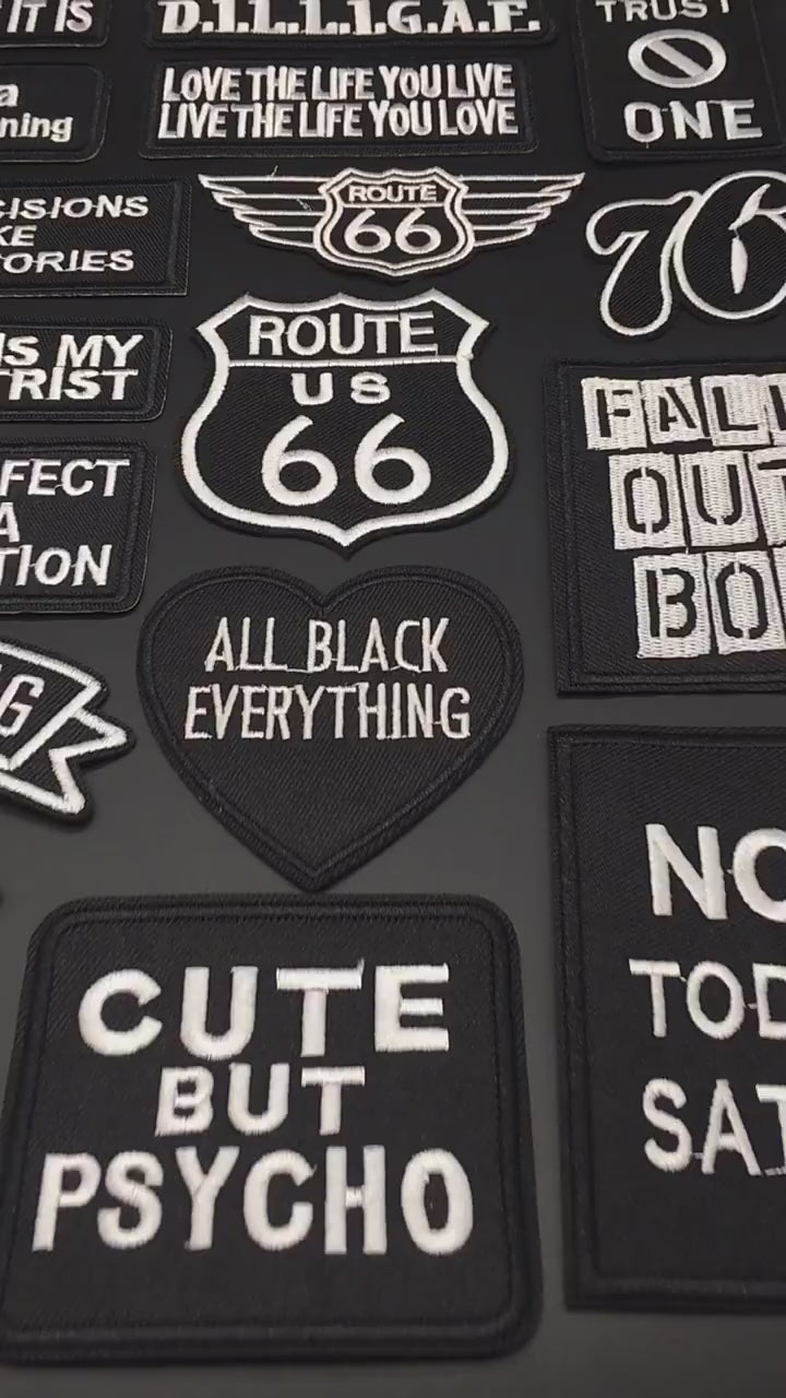 video of Black and white text embroidered patch for jackets, bags, hats – iron-on or sewable