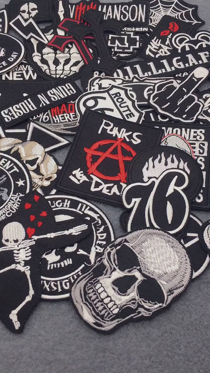 🖤 50pcs Black & White Punk Patch Set — Iron-On Embroidered Mix