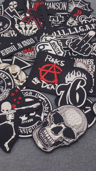 🖤 50pcs Black & White Punk Patch Set — Iron-On Embroidered Mix