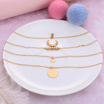 Retro Ethnic Moon Horn Disc Multilayer Necklace each layer on a line