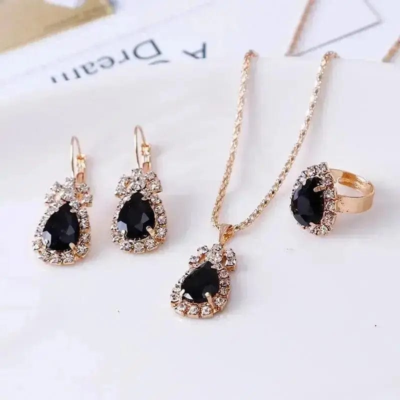 BROOCHITON Necklaces Black Rhinestone Necklace Earrings Ring Set