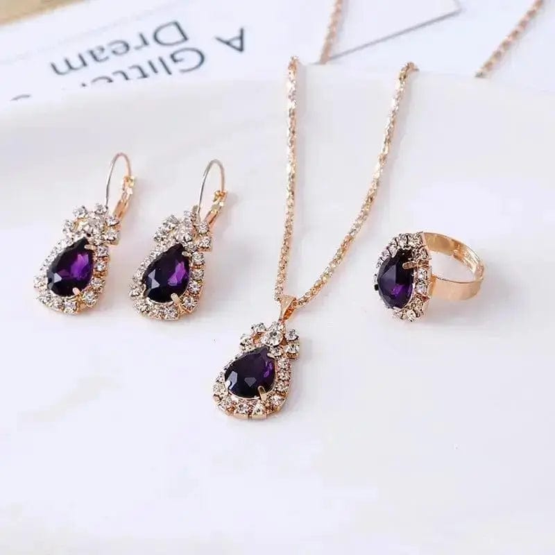 BROOCHITON Necklaces Dark purple Rhinestone Necklace Earrings Ring Set