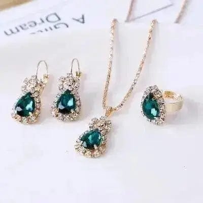 BROOCHITON Necklaces Green Rhinestone Necklace Earrings Ring Set