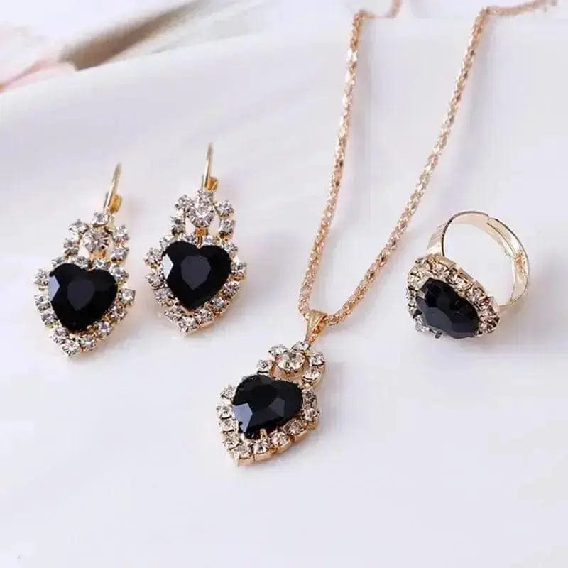 BROOCHITON Necklaces Heart balck Rhinestone Necklace Earrings Ring Set