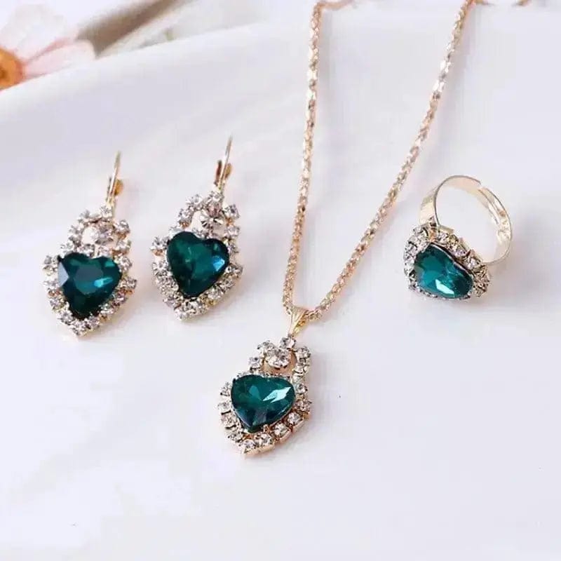 BROOCHITON Necklaces Heart Green Rhinestone Necklace Earrings Ring Set