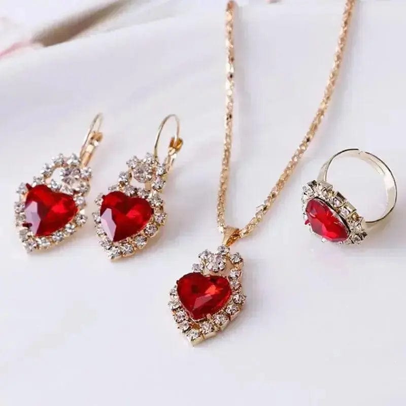 BROOCHITON Necklaces Heart red Rhinestone Necklace Earrings Ring Set