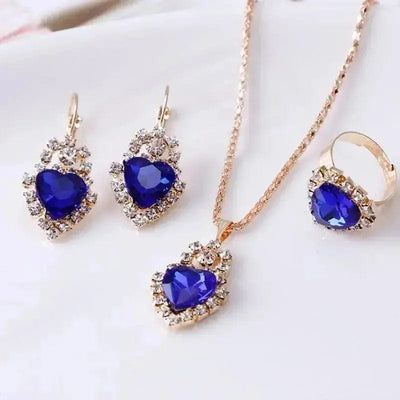 BROOCHITON Necklaces Heart Royal blue Rhinestone Necklace Earrings Ring Set
