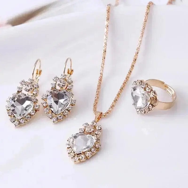 BROOCHITON Necklaces Heart white Rhinestone Necklace Earrings Ring Set