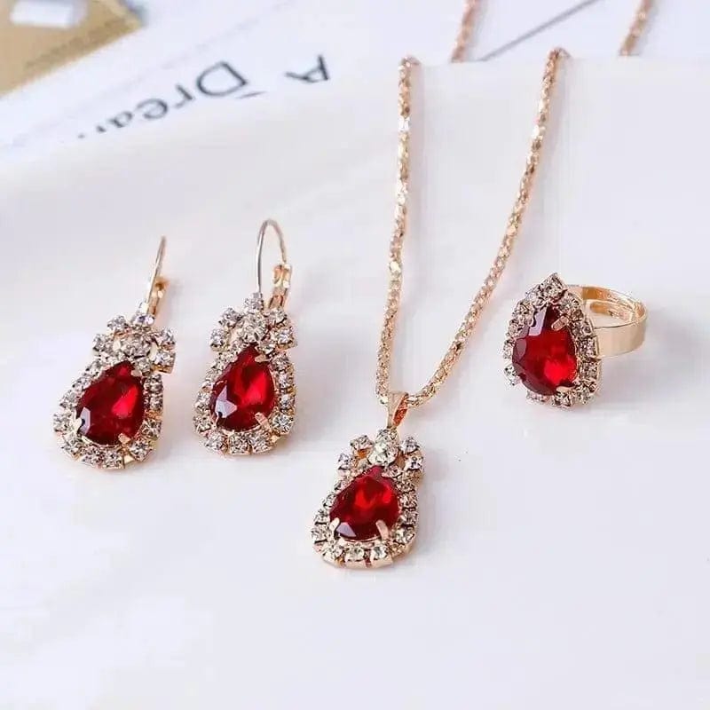BROOCHITON Necklaces Red Rhinestone Necklace Earrings Ring Set