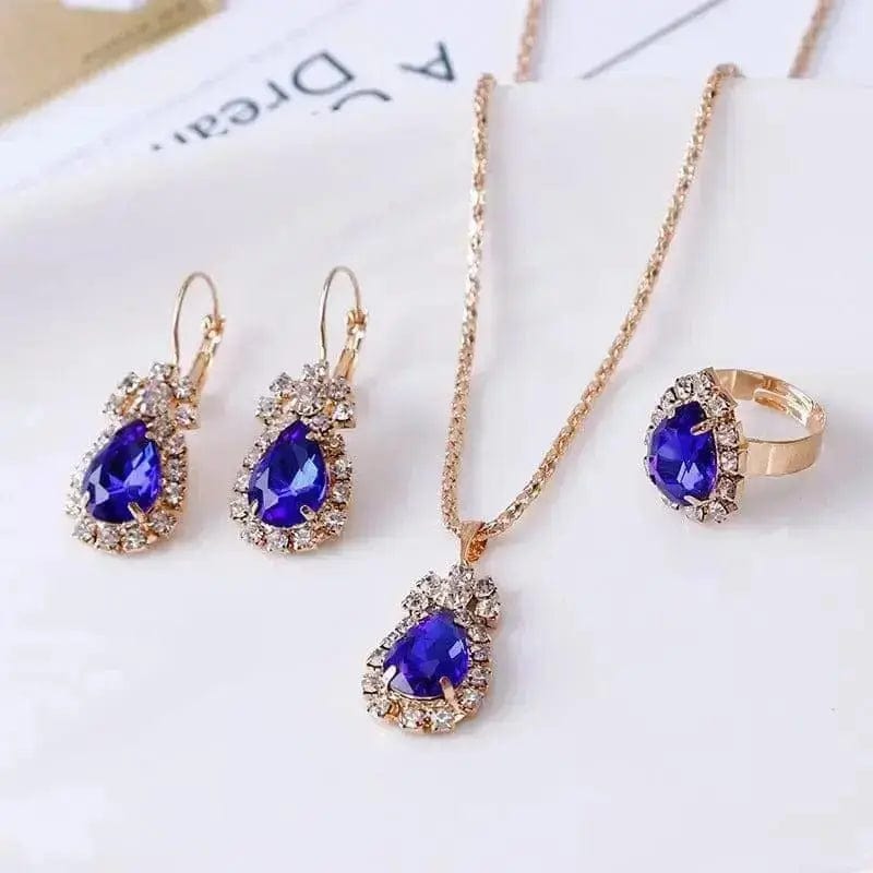 BROOCHITON Necklaces Royal blue Rhinestone Necklace Earrings Ring Set