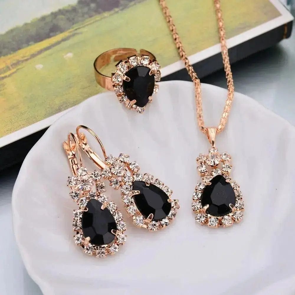 BROOCHITON Necklaces Black / 1 Rhinestones Necklace/Earrings/Rings Jewelry Set