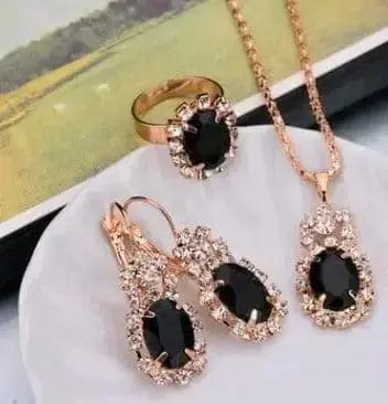 BROOCHITON Necklaces Elliptical black / 4 Rhinestones Necklace/Earrings/Rings Jewelry Set