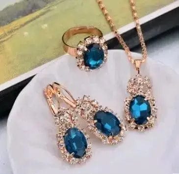 BROOCHITON Necklaces Elliptical lake blue / 4 Rhinestones Necklace/Earrings/Rings Jewelry Set