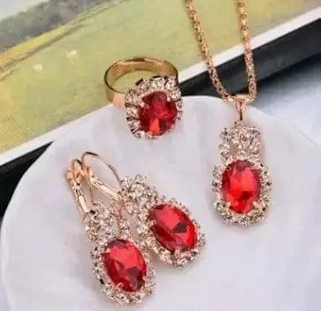 BROOCHITON Necklaces Elliptical red / 4 Rhinestones Necklace/Earrings/Rings Jewelry Set