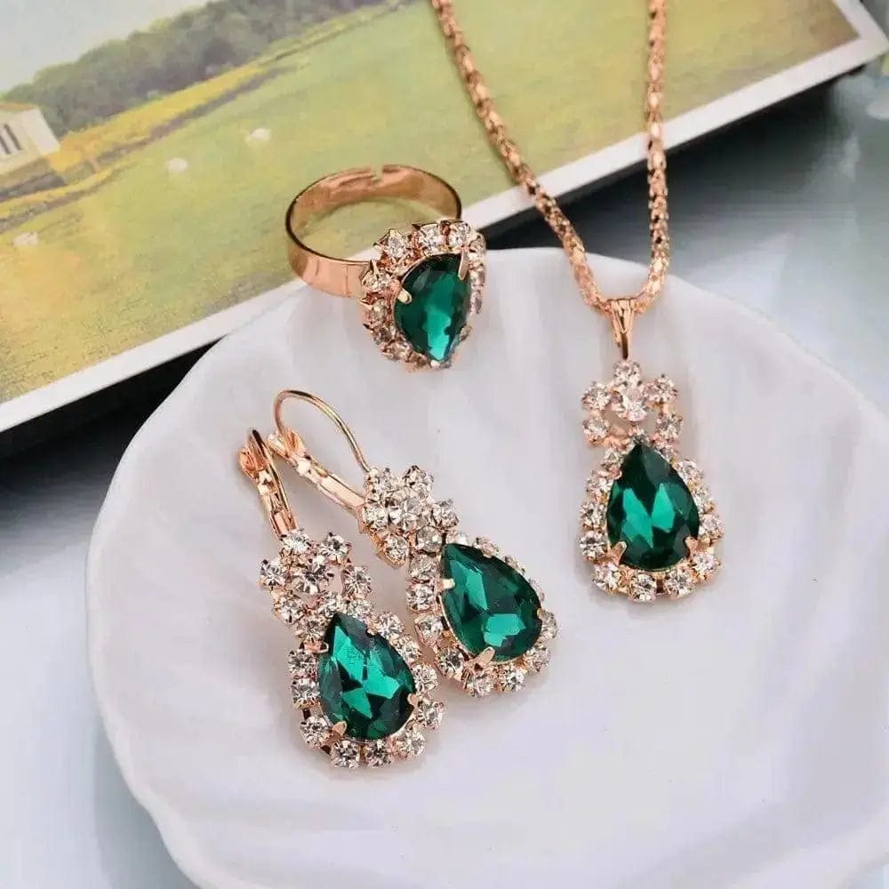 BROOCHITON Necklaces Green / 1 Rhinestones Necklace/Earrings/Rings Jewelry Set