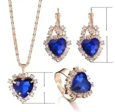BROOCHITON Necklaces Heart blue / 3 Rhinestones Necklace/Earrings/Rings Jewelry Set