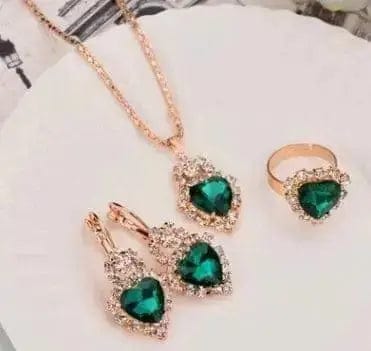 BROOCHITON Necklaces Heart shape green / 3 Rhinestones Necklace/Earrings/Rings Jewelry Set