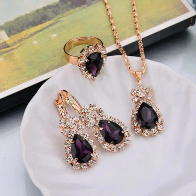 BROOCHITON Necklaces Purple / 1 Rhinestones Necklace/Earrings/Rings Jewelry Set