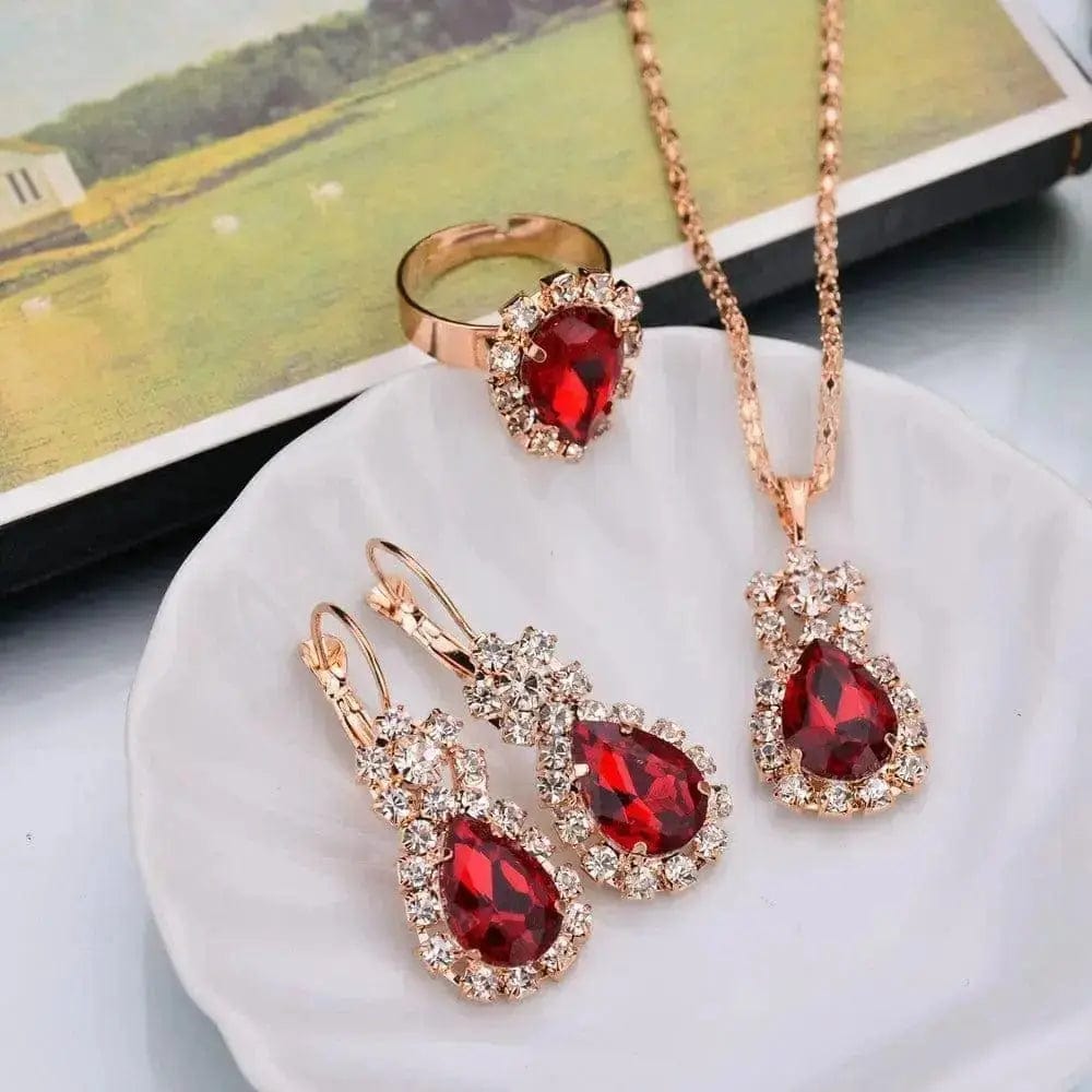 BROOCHITON Necklaces Red / 1 Rhinestones Necklace/Earrings/Rings Jewelry Set