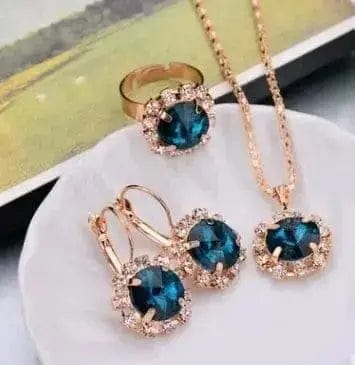BROOCHITON Necklaces Round lake blue / 2 Rhinestones Necklace/Earrings/Rings Jewelry Set
