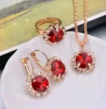BROOCHITON Necklaces Round red / 2 Rhinestones Necklace/Earrings/Rings Jewelry Set