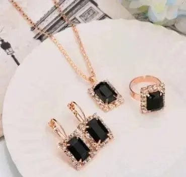 BROOCHITON Necklaces Square black / 5 Rhinestones Necklace/Earrings/Rings Jewelry Set