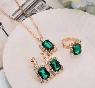 BROOCHITON Necklaces Square green / 5 Rhinestones Necklace/Earrings/Rings Jewelry Set