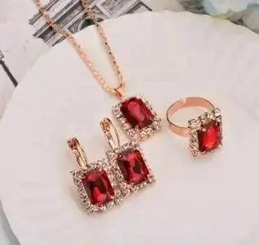 BROOCHITON Necklaces Square red / 5 Rhinestones Necklace/Earrings/Rings Jewelry Set