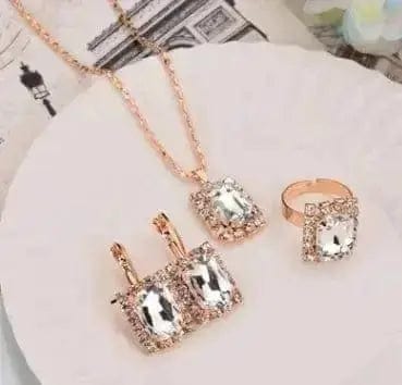 BROOCHITON Necklaces Square white / 5 Rhinestones Necklace/Earrings/Rings Jewelry Set
