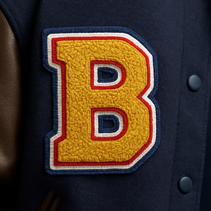Navy jacket with a large yellow &