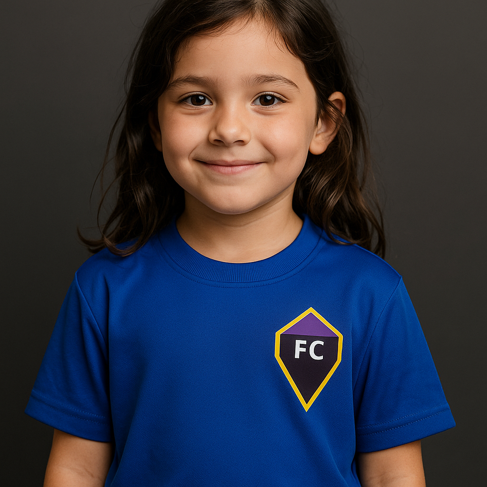 Child wearing a blue t-shirt with a logo on a dark background