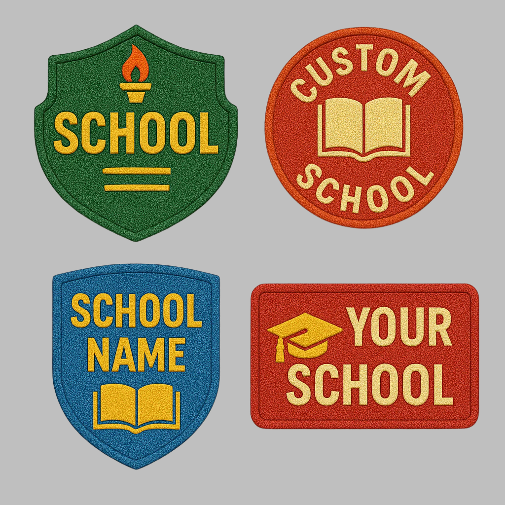 Four customizable school-themed patches on a light gray background