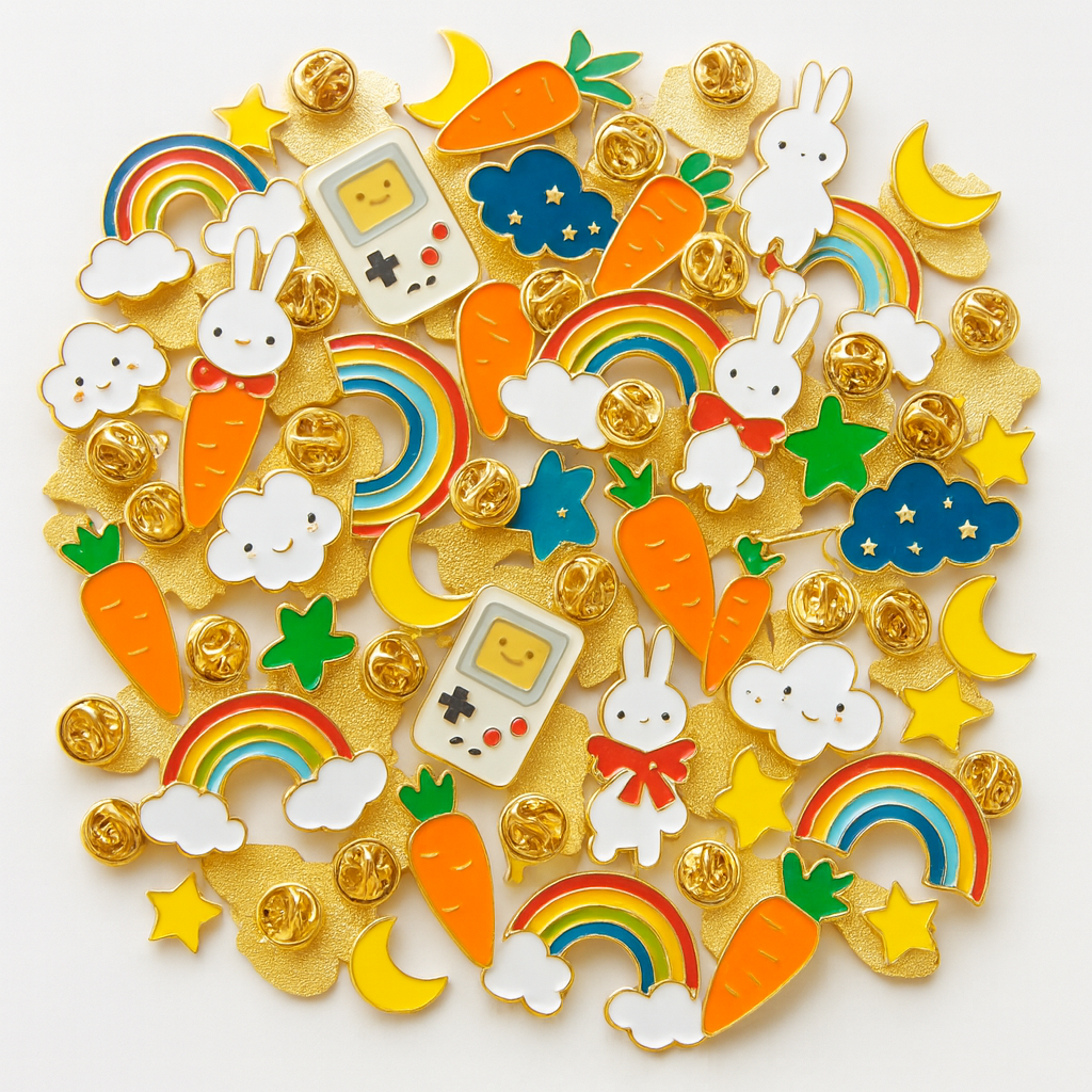 Colorful enamel pins with rabbits, carrots, rainbows, and game boy on a white background