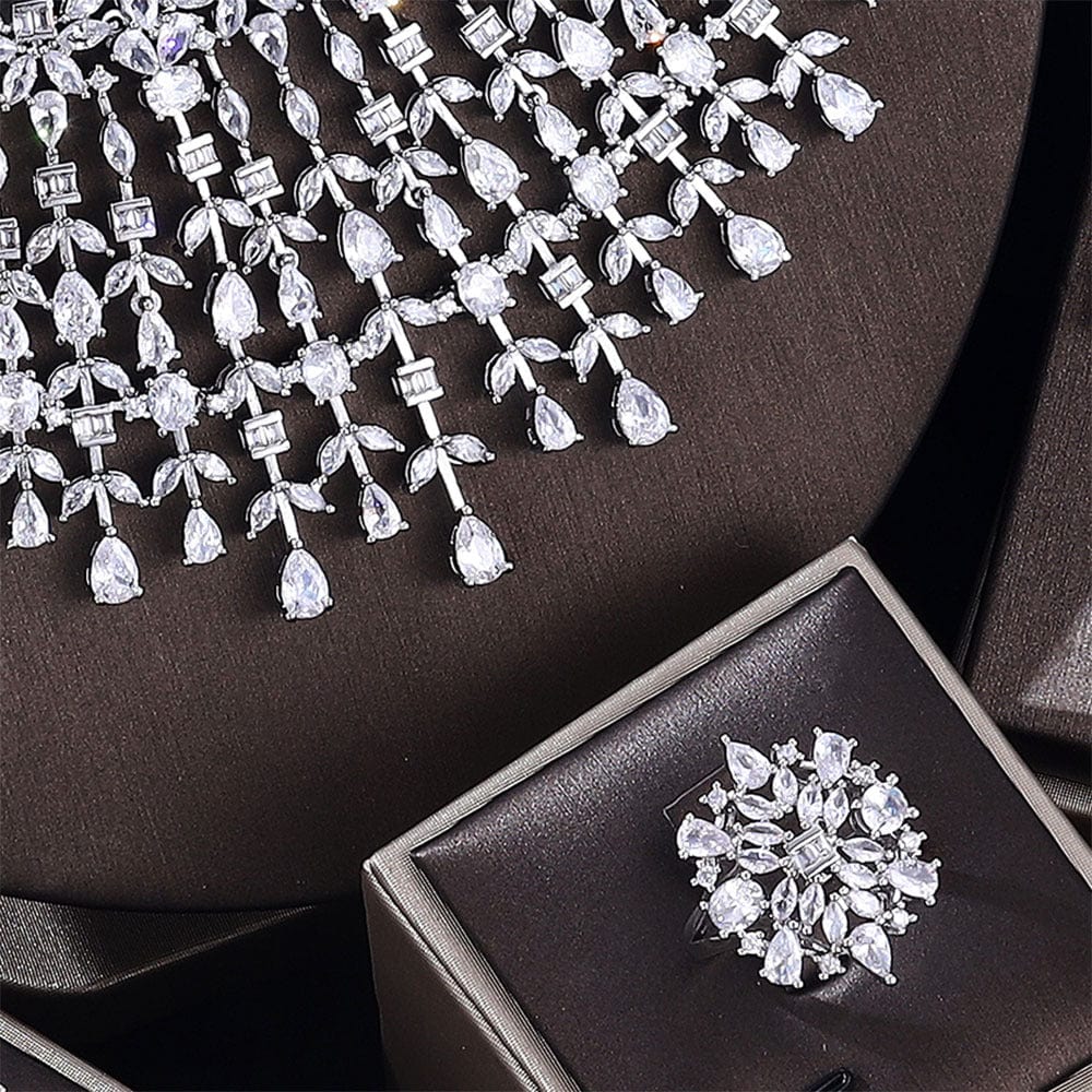 BROOCHITON Necklace earrings bracelet set White Gold Color Shiny Zircon Bridal Jewelry Set