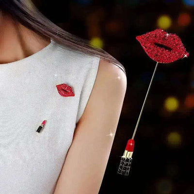 BROOCHITON a woman wearing diamond red lip lipstick brooch on a white dress
