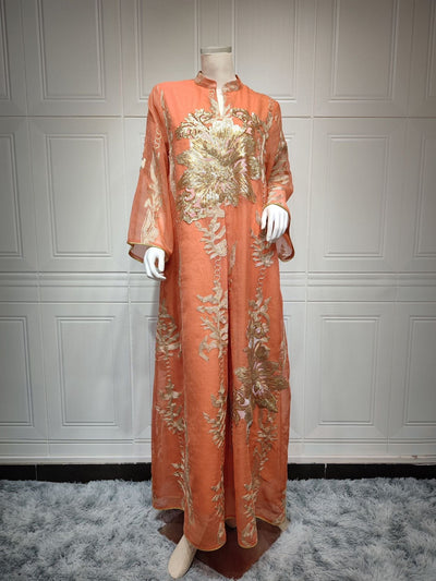 Orange Middle Eastern Sequin Dress Light Luxury Party Dress full length front view on a manikan 
