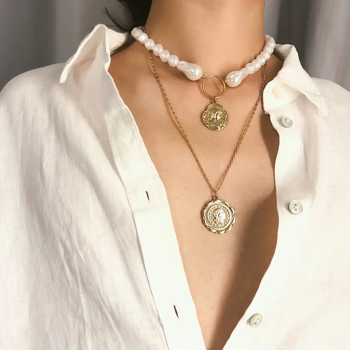 BROOCHITON Retro gold multi-layer necklace on a manikan 