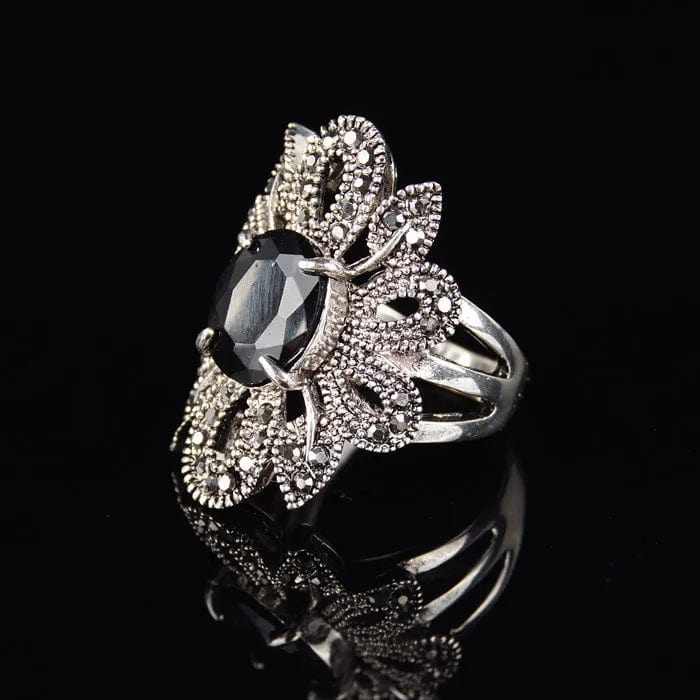 women's hollow flower black crystal ring left side view