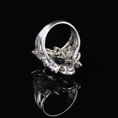 women's hollow flower black crystal ring back view