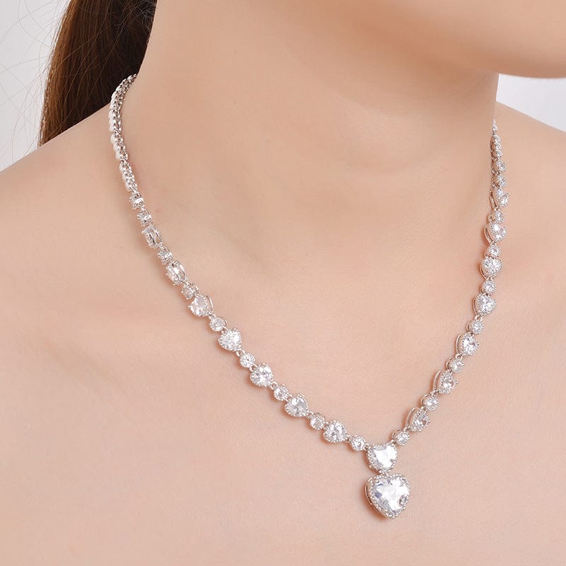 BROOCHITON jewelery Silver Needle Zircon Bridal Jewelry Set Hollow Heart-shaped Earrings Necklace
