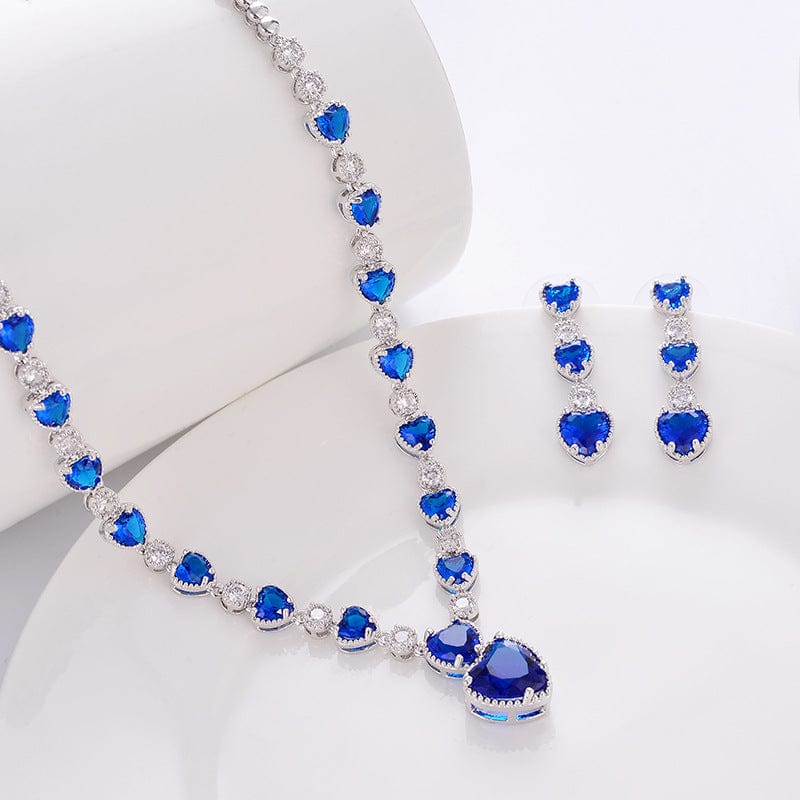 BROOCHITON jewelery Blue Platinum Earings Set Silver Needle Zircon Bridal Jewelry Set Hollow Heart-shaped Earrings Necklace