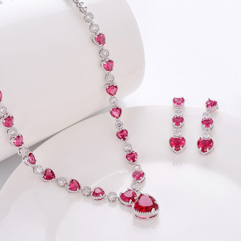 BROOCHITON jewelery Red Stud Earring Silver Needle Zircon Bridal Set