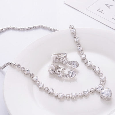BROOCHITON jewelery White Ear Clip Silver Needle Zircon Bridal Set