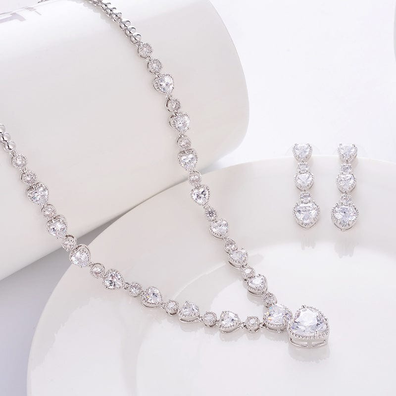 BROOCHITON jewelery White Earings Set Silver Needle Zircon Bridal Jewelry Set Hollow Heart-shaped Earrings Necklace