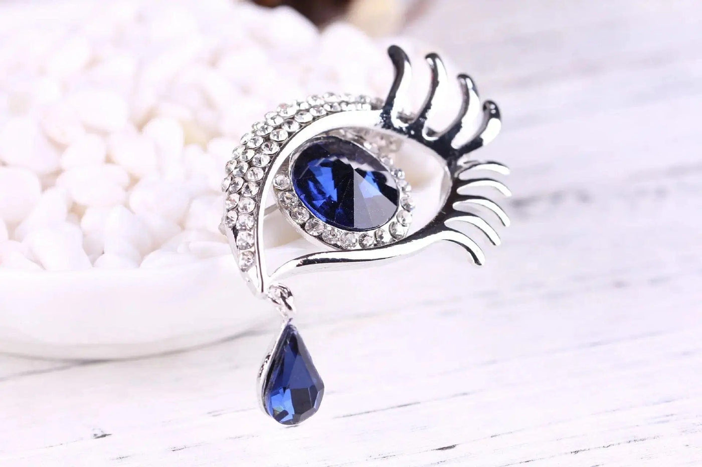 BROOCHITON Brooches silve and blue diamond-encrusted tear eye design brooch