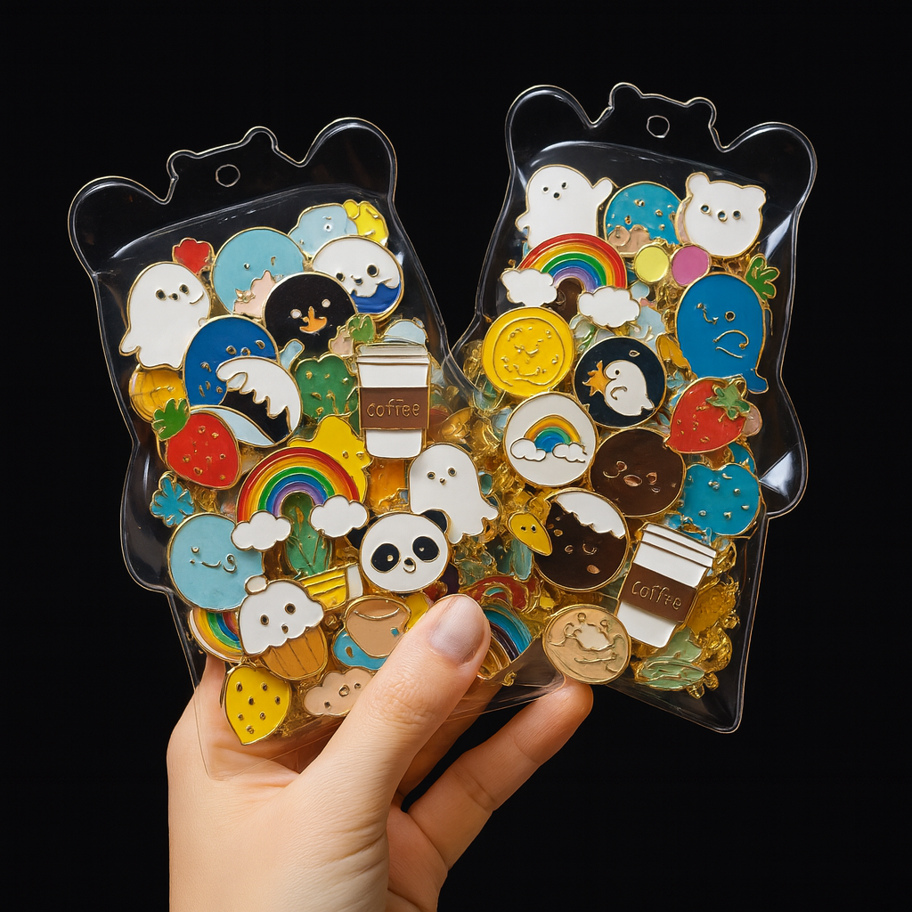Hand holding two packs of colorful enamel pins with various designs on a black background