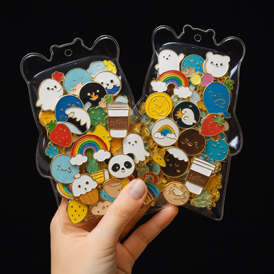 Hand holding two packs of colorful enamel pins with various designs on a black background