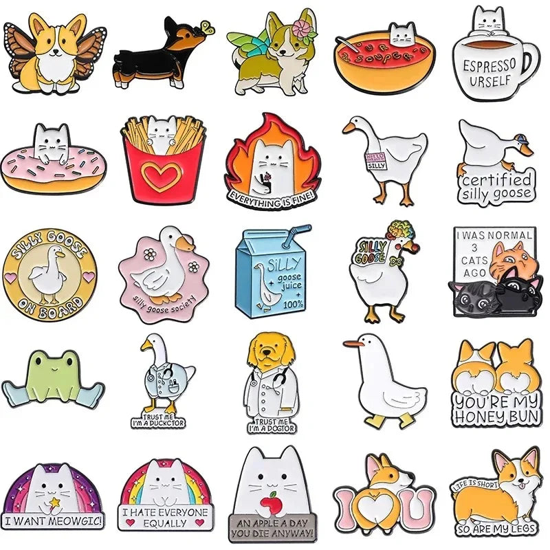 Collection of various cartoon enamel pins featuring animals and humorous phrases on a white background.
