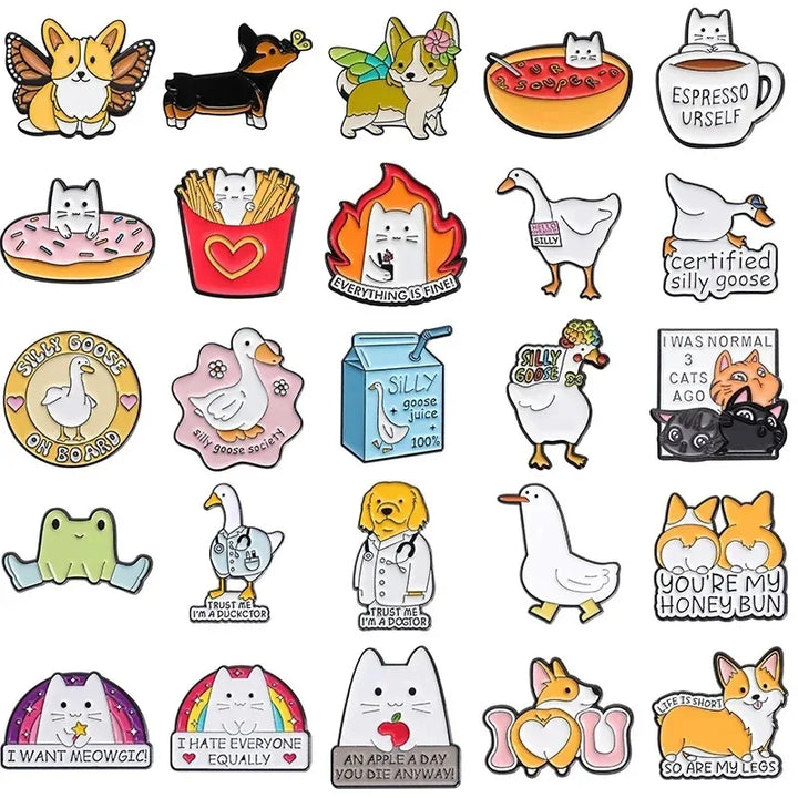 Collection of various cartoon enamel pins featuring animals and humorous phrases on a white background.