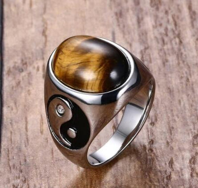 BROOCHITON Ring 10 Vintage Men Boy Oval Tiger Eye Brown Stones with Yin Yang Symbol Ring in Stainless Steel Jewelry Mens Accessories Anel Aneis